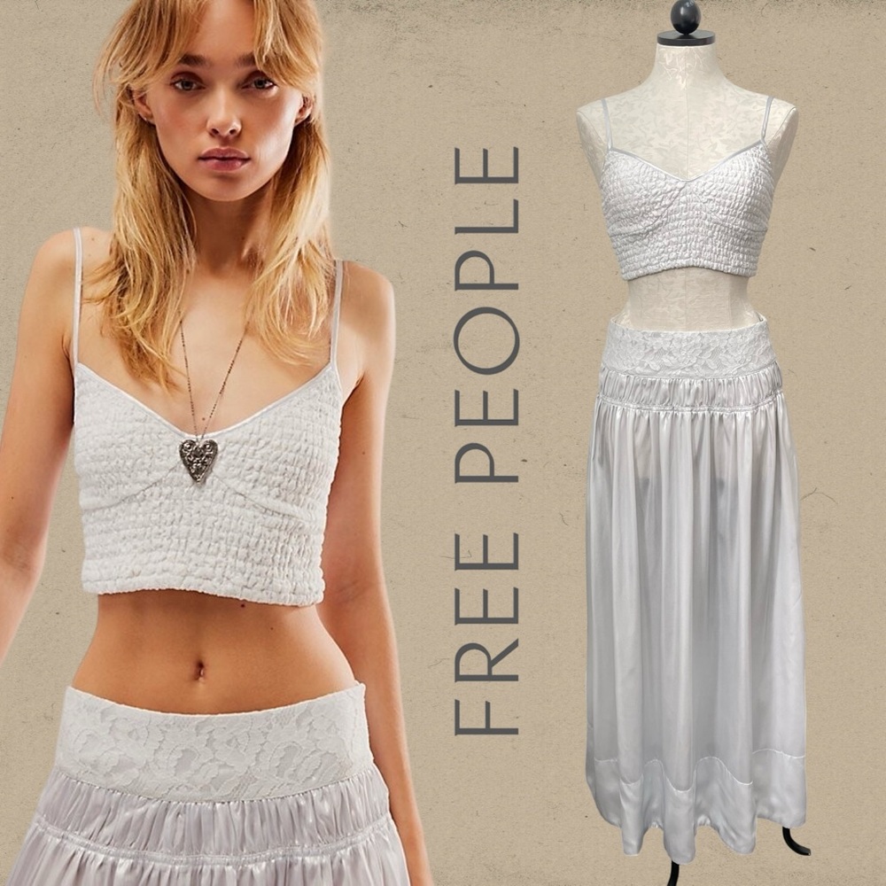 Free People Aster Skirt Set Ivory Silver Metallic Sheer Lace Tiered Smocked SM